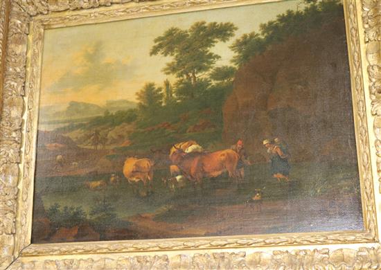 17th/18th century Dutch School, oil on canvas laid on panel, cattle in a landscape, unsigned, 41 x 56cm